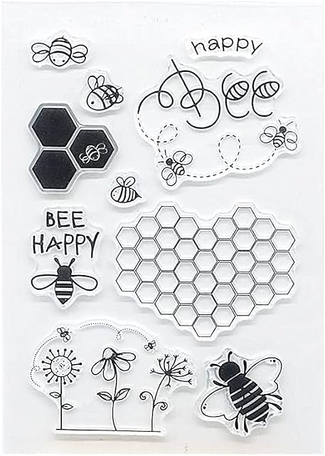 Bee Happy Flowers Honeycomb Clear Stamps Silicone Stamp Cards Words Clear Stamp for Card Making Decoration and DIY Scrapbooking