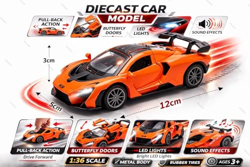 Image of Mini McLaren Senna Toy Car Model 1:36 Scale Die-cast Metal Pull Back Vehicle with Openable Doors, Lights & Music, Sports Model for Kids, Boys & Collectors (Orange)