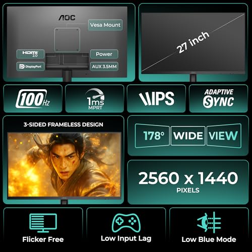 Image of AOC Q27B3S2 Gaming Monitor 27 inch 2560 x 1440 Quad HD IPS Panel, 100Hz Refresh Rate, 1ms Responsre Time, Eye Care, Adaptive Sync, 178 Wide Viewing Angle, HDMI 1.4b Display Port 1.2a Connectivity