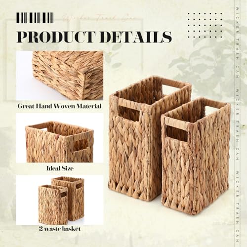 Image of Maxdot 2 Pack 3 Gallon Wicker Trash Can Woven Waste Basket Handwoven Water Hyacinth Waste Bin for Bedroom Bathroom Kitchen Office Storage Trash