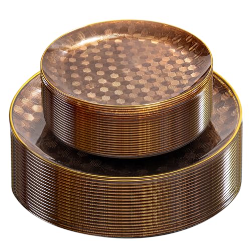 Festiva 60PCS Clear Brown Gold Plastic Plates - Heavy Duty Brown Disposable Plates With Gold Rim -serve for 30 guests Include Each 30PCS 10.25&7.5 Honeycomb Design Plates for Party(Mocha Mousse)