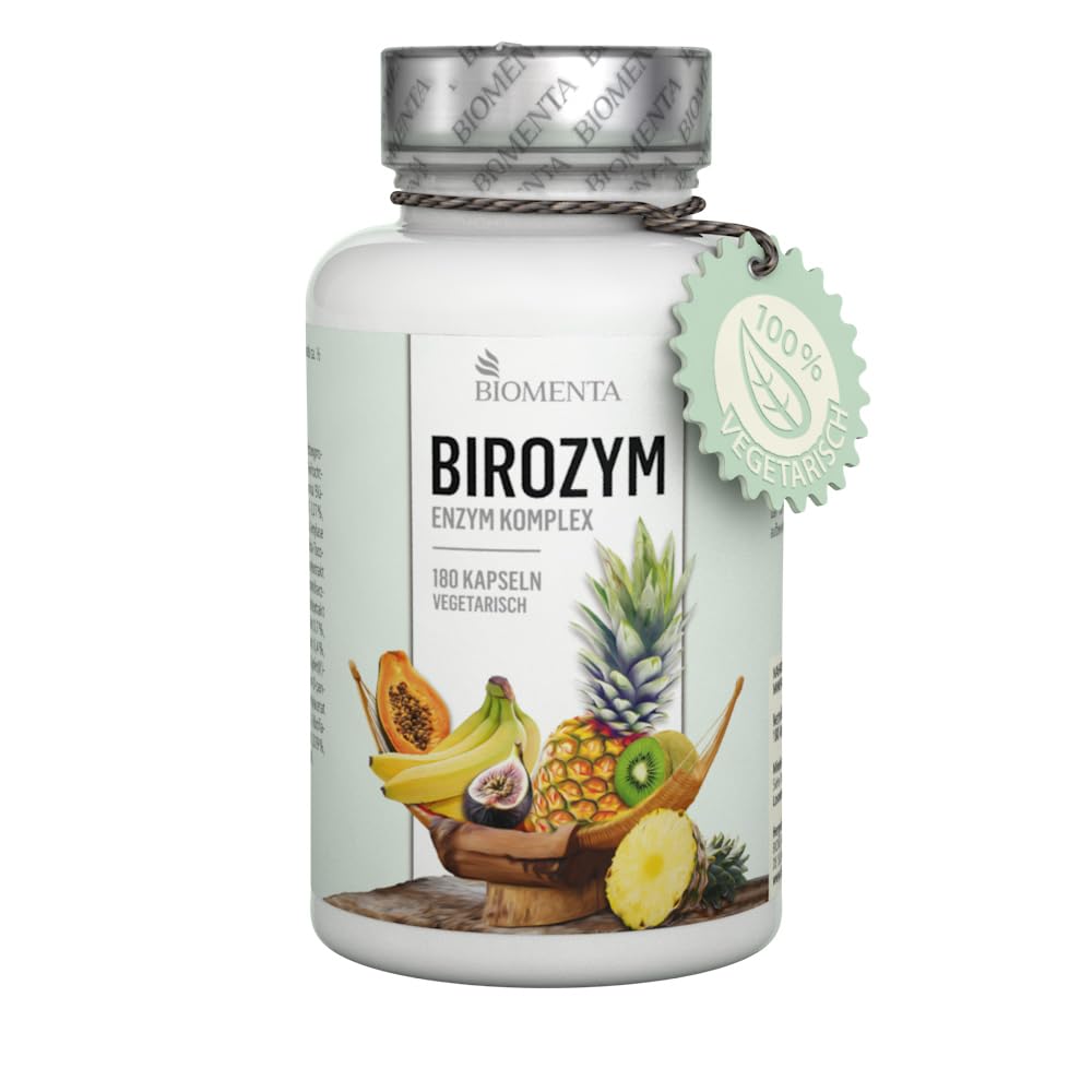 BIOMENTA BIROZYM Enzym Komplex I 180 Kapseln mit 2650 mg reinen Enzymen pro Einheit I 13er Multi Frucht Enzyme mit Bromelain & Papain I Vegetarische Premium Nahrungsergänzungsmittel I Ohne Zusätze