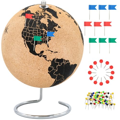 Vaudagio Beautiful Cork Globe with 102 Different Push Pins - Spinning Travel Globe 26cm / 10 inch High with Push Pin Made of Cork – as Travel Map & Gift Idea for Globetrotters