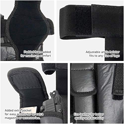 Eco Leather Ankle Gun Holster - by Houston - Concealed Carry - Fits: Glock 42/43, Bersa 380, Ruger LC9, Diamond Back 9mm, Sig Sauer P938, 1911 3\", SCCY, Kahr 9 - Comfortable to use (Right)