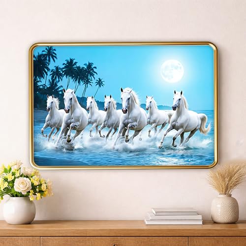 Image of XOPY Seven Running Horses with Golden Frame | Vastu 7 horses Raw Pyrite Painting for Home, Office & Living Room Wall Decore | 12X18 Inch Sparkle Laminated Frame | Best For Gifting (53306, 12X18)