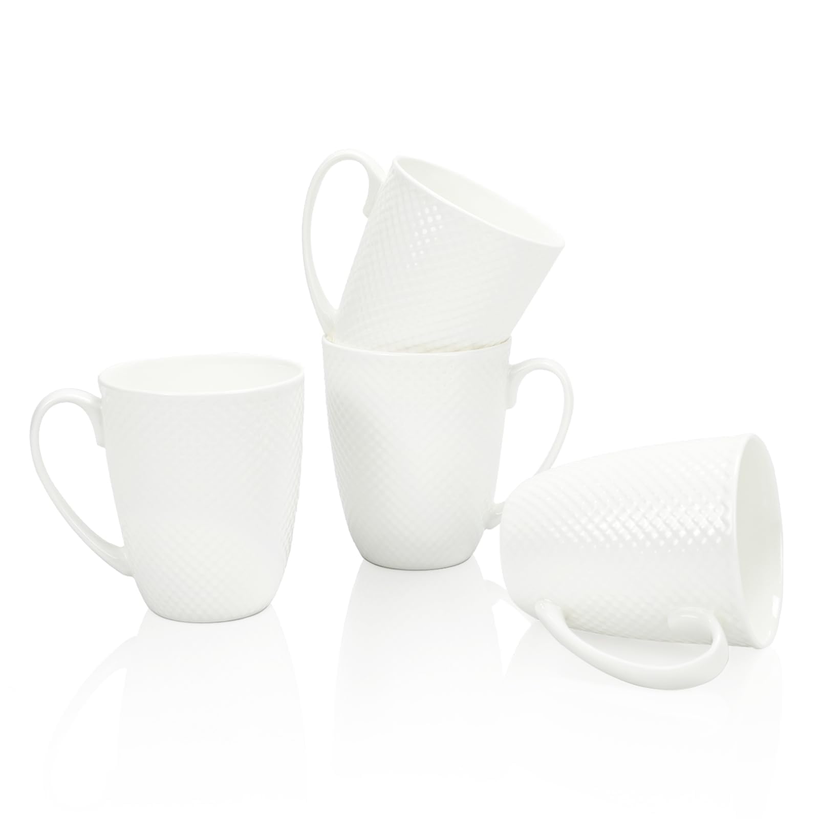Juego de 4 tazas de café de 12 onzas, tazas de porcelana fina, tazas de café blancas de lujo, tazas de café de porcelana con textura de alivio de rombos, taza de té, para café, té, cacao