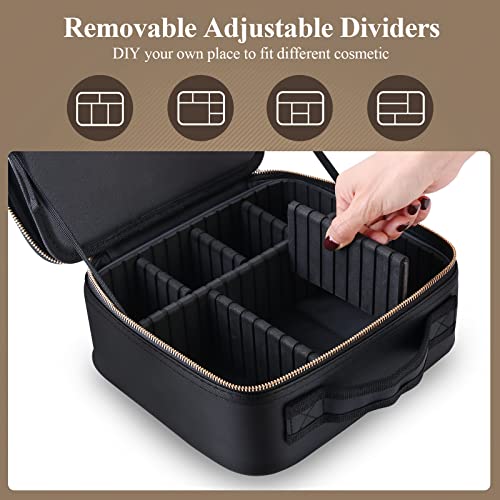 Travel Makeup Case With Lighted Mirror 3 Color Setting, Cosmetic Makeup Train Case With Adjustable Dividers Makeup Storage For Women, Makeup Accessories & Tools Case , Rechargeable,Waterproof (Black) #TOP2