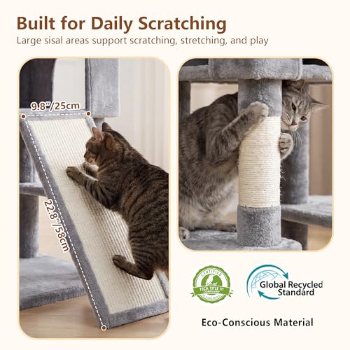 Image of Heybly Cat Tree, 82.7″ Extra Tall Cat Tower for Large Cats Adult HCT063W | Giant Cat Condo with Multi-Level Platforms, 2 Baskets, Spacious Cat Cave, Wide Sisal Scratching Board, Light Gray