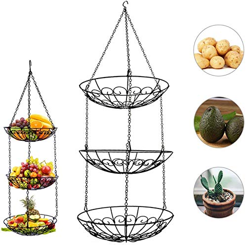iPstyle 3-Tier Fruit Basket, Vegetable & Produce Storage, Rustic Brown Iron Hanging Kitchen Basket
