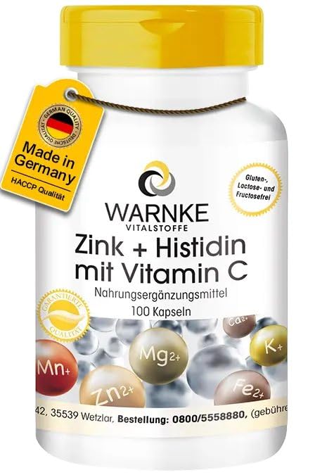 Zink + Histidin + Vitamin C - 100 Kapseln - schluckfreundlich - hochdosiert & vegan | Warnke Vitalstoffe - Deutsche Apothekenqualität