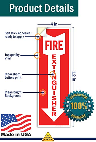 (6 Pack) Fire Extinguisher Signs, Self Adhesive Vinyl Decals, Arrow Pointing Down, Indoor and Outdoor Use, 4