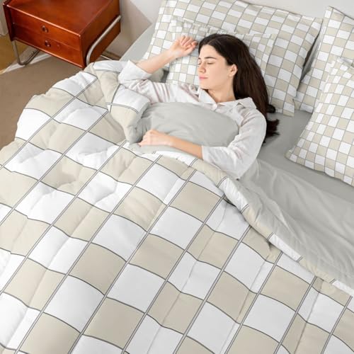 Image of Erosebridal Plaid King Comforter Set with Sheets 7 Piece Beige White Checkerboard Bed in A Bag Geometric Checkered Bedding Sets for Kids Adults,Aesthetic Grids Bed Set