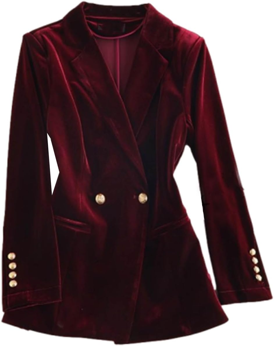 Women's Velvet Jacket Notch Lapel Double Breasted Suit Blazer for Work Daily