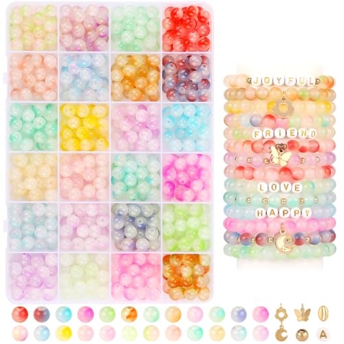 Image of 760PCS 8mm Glass Beads for Jewelry Making 24 Color Crystal Beads Bracelet Making Kit Gradient Round Bead for DIY Earrings Necklaces Rings with Letter Bead for Bracelets&Charms Accessories