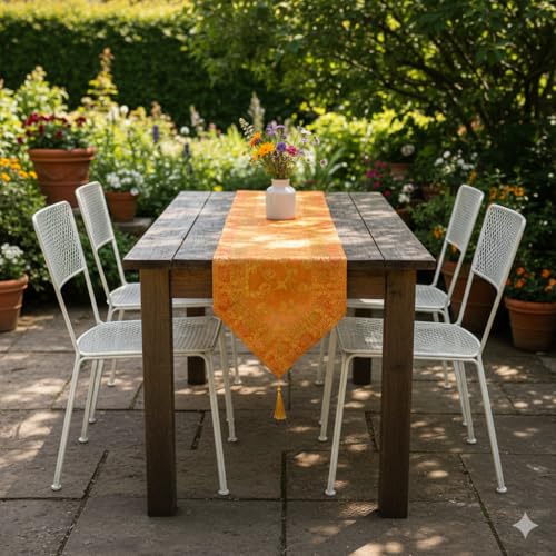 Image of E-EZRA Banarsi Brocade Jacquard Silk Center Table Runner Coffee Brown Long Ethnic Table Home Decor Floral Traditional Dining Table Cloth Runner Up | 72 By 14 Inches Gold
