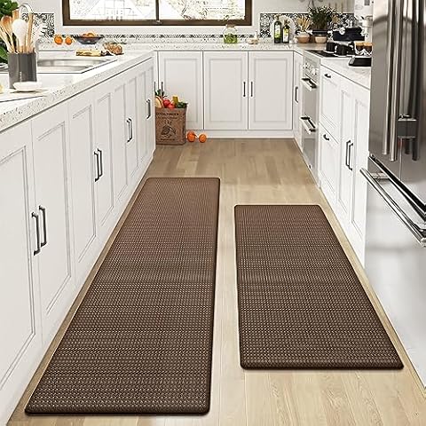 Oakeep Kitchen Mat 2 Pieces Anti Fatigue Cushioned Mats for Floor Runner Rug Padded Kitchen Mats for Standing, 17"x59"+17"x95", Brown Cover