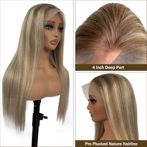 Image of Belaved Highlight Ash Brown Lace Front Wigs Human Hair HD Frontal 100% Real Human Hair Ombre Pre Plucked Glueless 180% Density Seamless 13x4 Straight for Women Natural Hairline 16 Inch