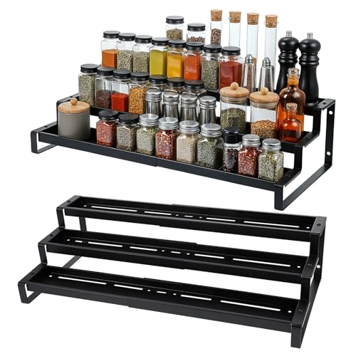 1 3-Tier Spice Rack Organizer for Cabinet, 14.5″-26″ Expandable Spice Organization Shelf, Metal Spices Shelf Organizer, Black