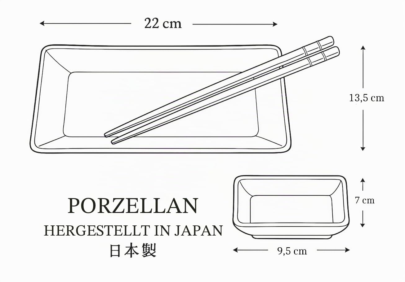 JAPAN ORIENTAL SUSHI TELLER SET | Sushi Geschirr Set | 6-teiliges Sushi-Set für 2 Personen | Sushi-Teller, Schalen und Essstäbchen in verschiedenen Asia Designs - Made in Japan (Hana Hellgrün)