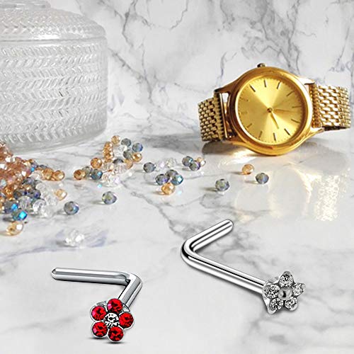 20 Pieces Box Set Of Mix Colored Multi Crystal Stone Flower Top 22 Gauge 925 Sterling Silver L Shape Nose Stud #TOP5