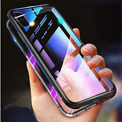 MOBITUSSION Ultra Thin Magnetic Metal Edged Tempered Glass Back Cover Compatible for iPhone Xs Max (Transparent Black)