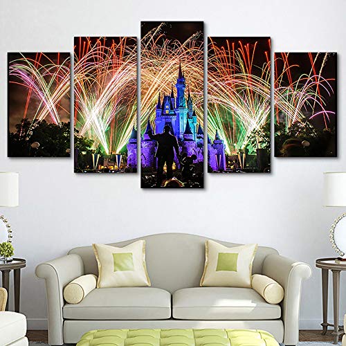 HIMFL Modern Home Decor Poster 5 Panel Family Christmas Painting Disneyland Fireworks Wall Art Canvas Prin,A,30×50×2+30×70×2+30×80×1