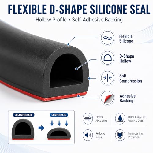 Image of Silicone D Shape Weather Stripping Rubber Seal, 40FT Self Adhesive Weather Stripping for Boat, Auto, RV, Marine, Garage Doors /Window 40Feet