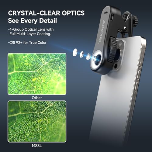 Image of APEXEL Phone Microscope Lens, 40x /80x /120x 3-in-1 Phone Micro Lens | With Universal Clip /CPL /16 LED /8 UV LED, Wheel Design, Pocket Portable Microscope for iPhone, Samsung & Android