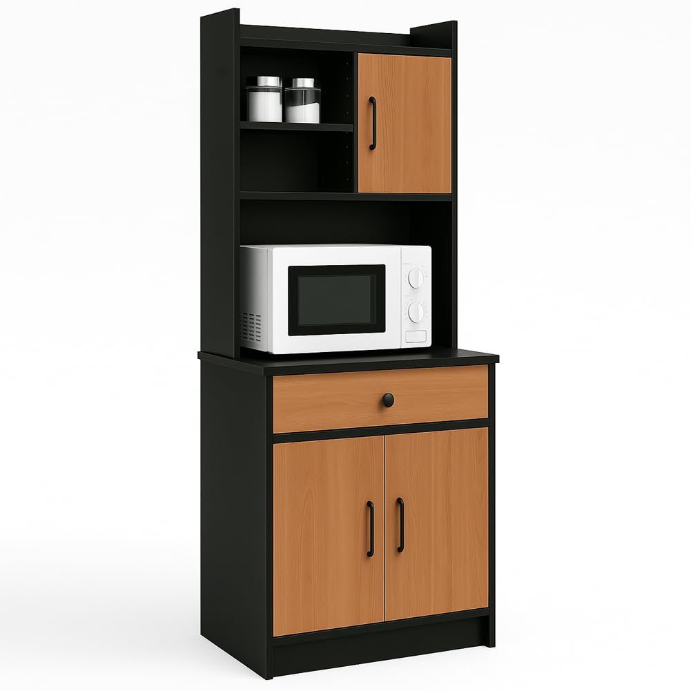BAKAJI Armadio da Cucina Alto Multiuso, Credenza Mobile da Soggiorno, Sala da Pranzo, Salvaspazio, Sistema di Sicurezza, Mobiletto Dispensa con 2 Ante e 1 Cassetto, 55 x 40 x 180 cm (Nero e Quercia)