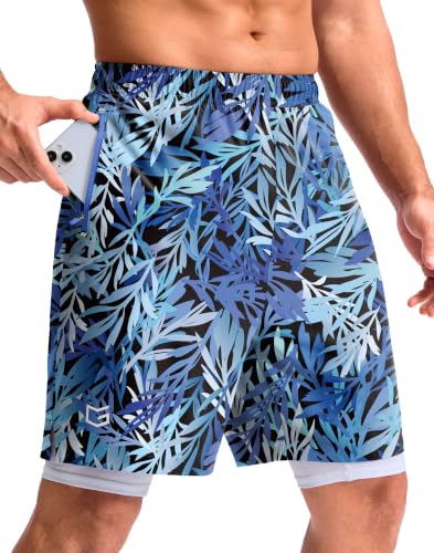 Men's Running Gym Shorts with Compression Liner 9"(Blue Dynamic,L9_XS)