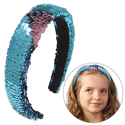 Basumee Mermaid Sequin Headband, Magic Reversible Sequins Padded Alice Hair Band for Girls and Women (Teal and Lotus Pink)