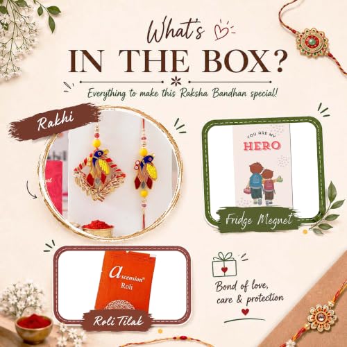 Image of ascension Premium Designer Bhaiya Bhabhi Couple Lumba Rakhi Set Traditional Rakhi Bracelet with Roli Tilak & You are My Hero Fridge Magnet