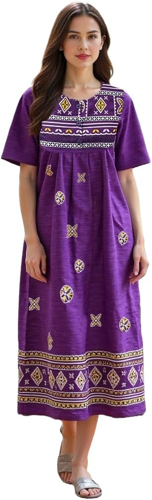 Loungees Border Print Cotton Lounge Dress/House Dress/Caftan | 3 Button Bib Yoke Short Sleeve image 4