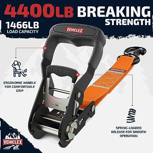 Image of Vehiclex Motorcycle Ratchet Tie Down Straps with Soft Loops, 1.5 inch x 8' | 4,400 lbs Break Strength, Powersports Tie Downs, Full Bend S Hooks with Safety Clips, Reinforced Stitching, 4 Pack, Orange