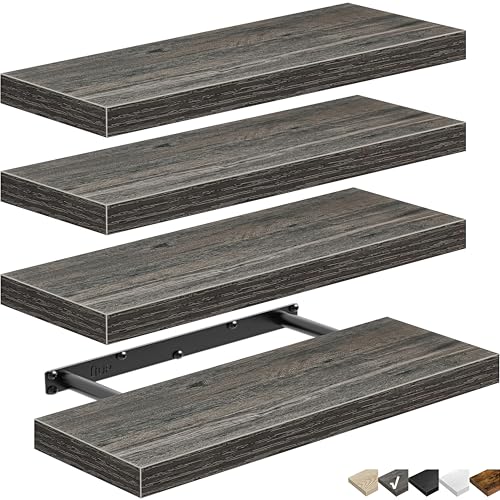Image of QEEIG Floating Shelves for Wall Bathroom Shelf Bedroom Kitchen Living Room Farmhouse Small Book Shelf 16 inch Set of 4, Grey (015-GY4)
