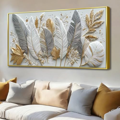 MooMel Large Gold framed Oil Painting Mural White Gold Leaf Abstract Decorative Painting Modern Nordic Plants Poster Printing Living Room Dining Room Bedroom Office Corridor Home Decoration, 71x36 inches (180x90cm)
