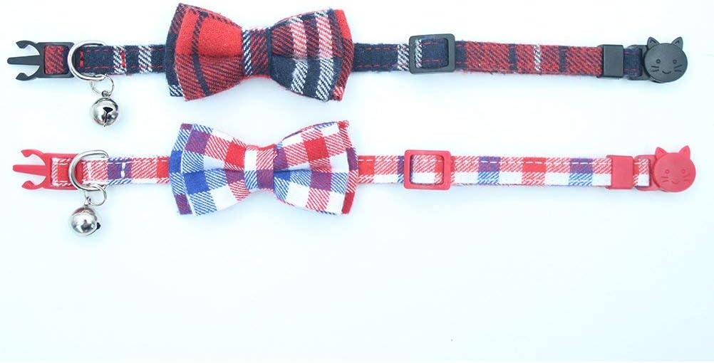 Cute Bowtie Cat Collar Breakaway with Bell 2 Pack Plaid Collar Set for Kitty Puppy Adjustable 7.8-10.2"
