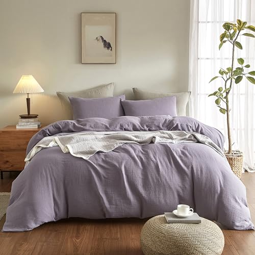 SE SOFTEXLY Muslin Duvet Cover Queen Size, 100% Washed Cotton Duvet Cover Set, Ultra Soft Comforter Cover Linen Like, 3 Pieces Minimalist Gauze Duvet Cover with 2 Pillowcases, 90"x90", Purple Grey