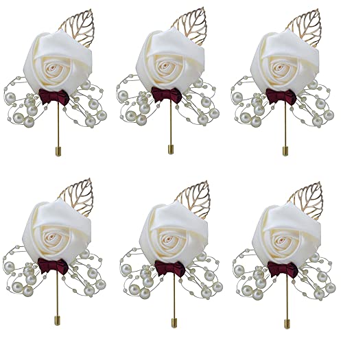 6 Pièce Boutonnière de Mariage, Blanc Boutonniere, Boutonnière Mariage Homme, pour La Mariée, Le Marié, La Demoiselle d'Honneur Et Les Invités Présents (6)