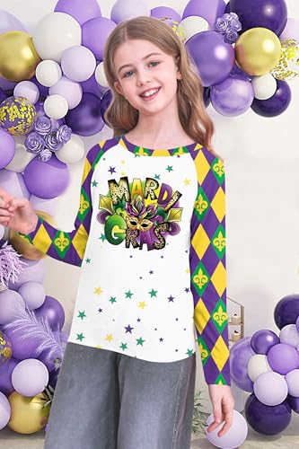 Image of Mardi Gras Shirt for Kids: Toddler Boys Girls Mardi Gras Long Sleeve Happy Carnival Outfits Mask Graphic Tee 4-12 Years