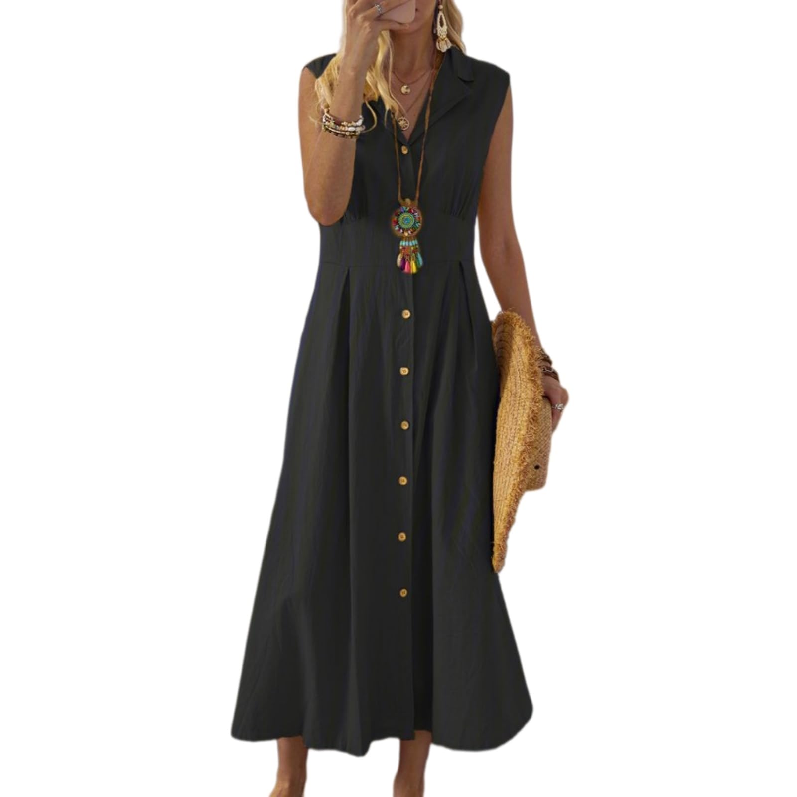 Vestito Donna Cotone Biancheria Maxi Abito, Cerniera A-Line Sciolto Lungo Abito per Le Vacanze Estive Abiti-Yellow-XXL