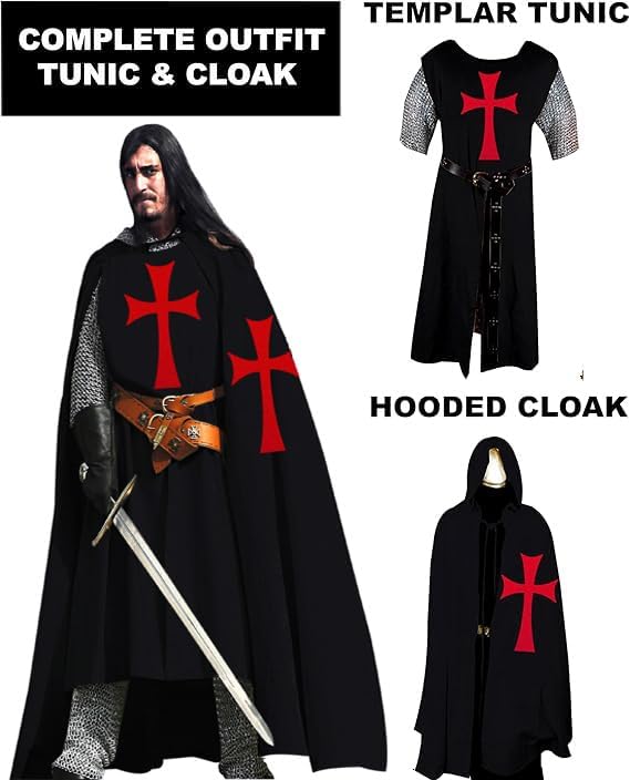 SUNLEXA Medieval Tunic Templar Knight Halloween Costume Hooded Cap Cloak Renaissance Surcoat Cosplay Costumes Size (S-6XL) - Image 5