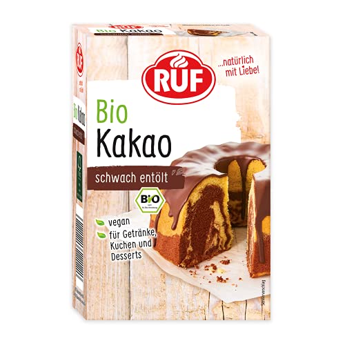 RUF Bio-Kakao schwach entölt, Kakao-Pulver in Bio-Qualität, als Back-Kakao und Trink-Schokolade, glutenfrei, vegan und zuckerfrei, 125g