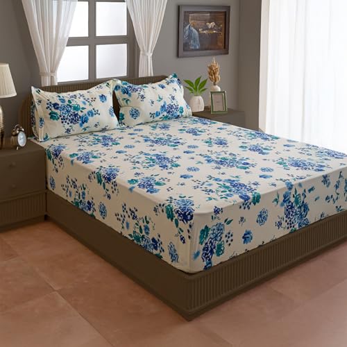Image of Swayam Pure Cotton Double Bedsheet with 2 Pillow Covers | Size 90 x 100 inch | 160 TC | Floral Design | Soft Breathable Bed Sheet | Comfortable & Durable for Bedroom - Cream & Blue