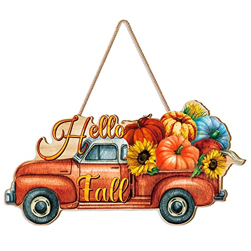 BBTO Fall Pumpkin Welcome Sign Door Decor Hello Fall Wood Hanging Decoration Autumn Wooden Signs Rustic Thanksgiving Decorative for Thanksgiving Porch Home Wall Indoor Outdoor Decor(Truck)