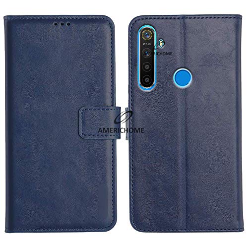 Image of Inside Rubber TPU with Card Pockets Magnetic Closure Protection Compatible with Realme 5, Realme 5i, Narzo 10 (Blue)