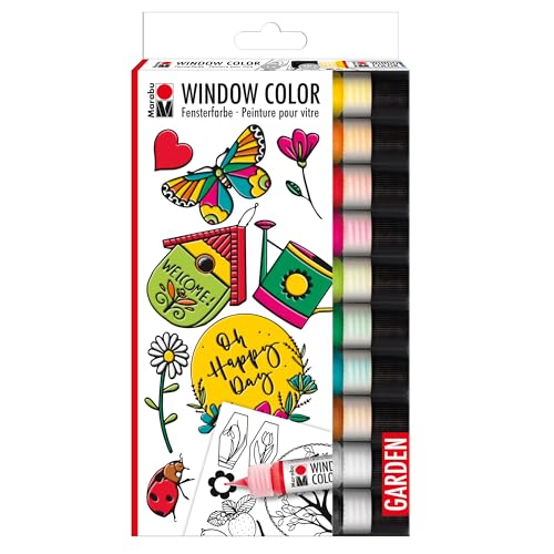 Marabu 04060000128 - Window Color Garden, farba 10 x 25 ml, szablon malarski A4 z 20 motywami, farba na bazie wody, usuwalna na gładkich powierzchniach takich jak szkło, lustra, płytki i folia