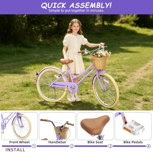 Image of Glaf 12 14 16 18 20 24 Inch Girls Bike with Training Wheels /Kickstand Kids Bike for 2-15 Years Old Toddler Girls Bicycle with Basket, Beach Cruiser Girls Bike