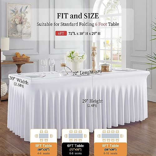 Image of Outpain White Spandex Table Clothes for 6 Foot Rectangle Tables-8Pack 6FT Spandex Fitted Table Cover, Wrinkle Free Tablecloths with Skirt for Parties, Wedding, Birthday, Banquet, Festival
