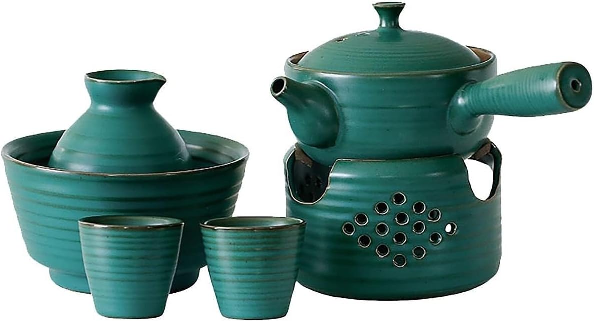 Ceramic Shochu Bottle & Sake Set with Wine Warmer, 4 Cups, & Antique Liquor Stove – Green Ceramic Traditional Japanese Sake Set